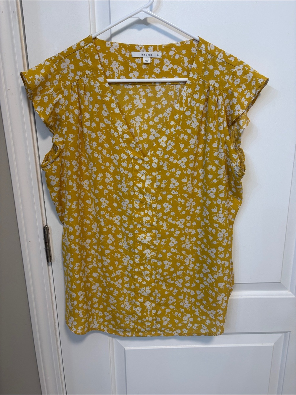 fun 2 fun Mustard Yellow Floral V-Neck Button Front Cap Sleeve Blouse